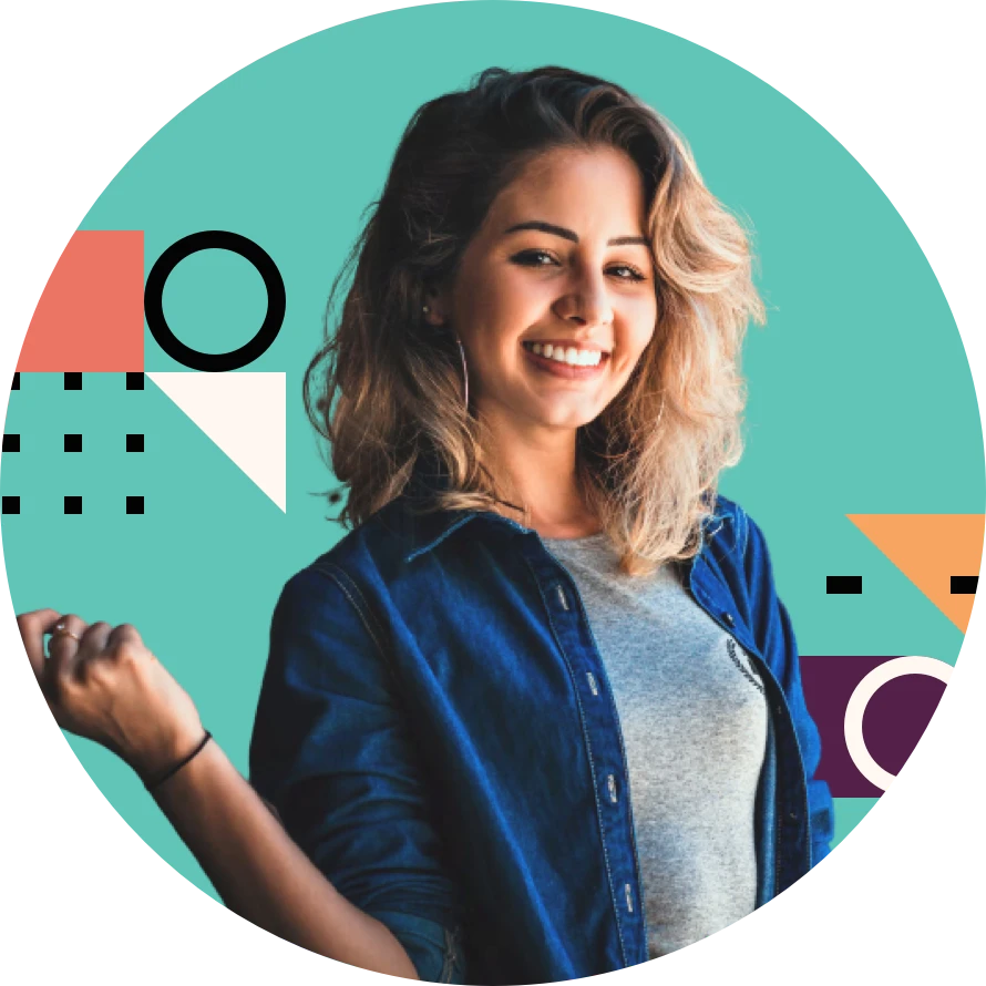 Amy smiling in front of a 90s design in background.